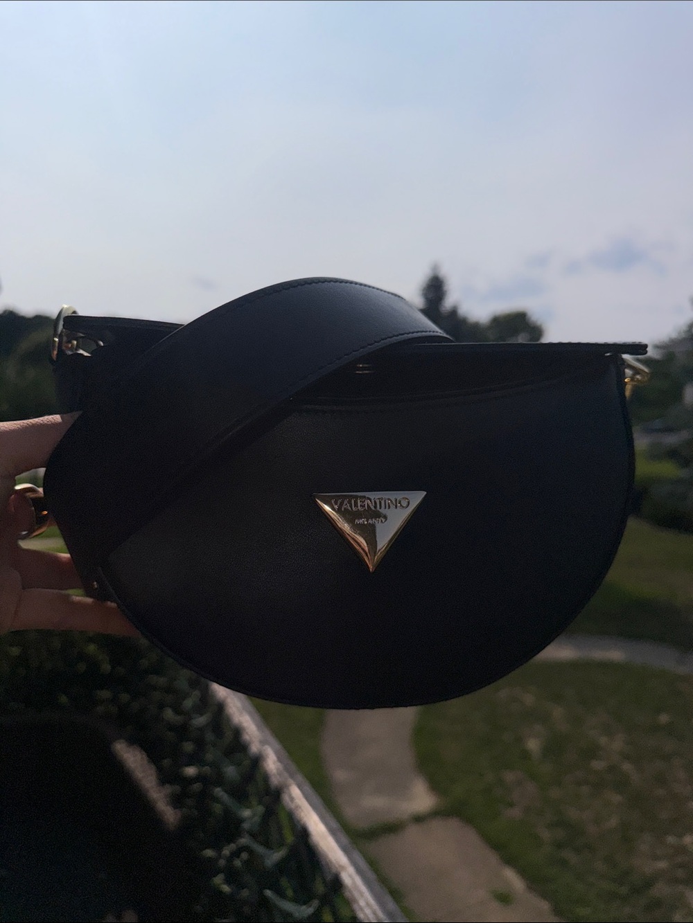 Valentino Black Leather Crescent Shoulder Bag with Gold Chain